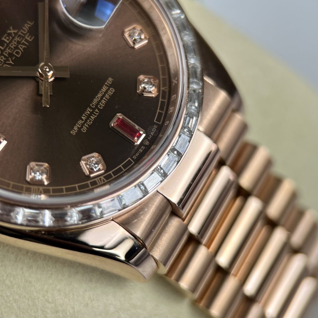 Rolex Day-Date RG Plated Chocolate Dial Baguette Diamond 36mm Super Clone