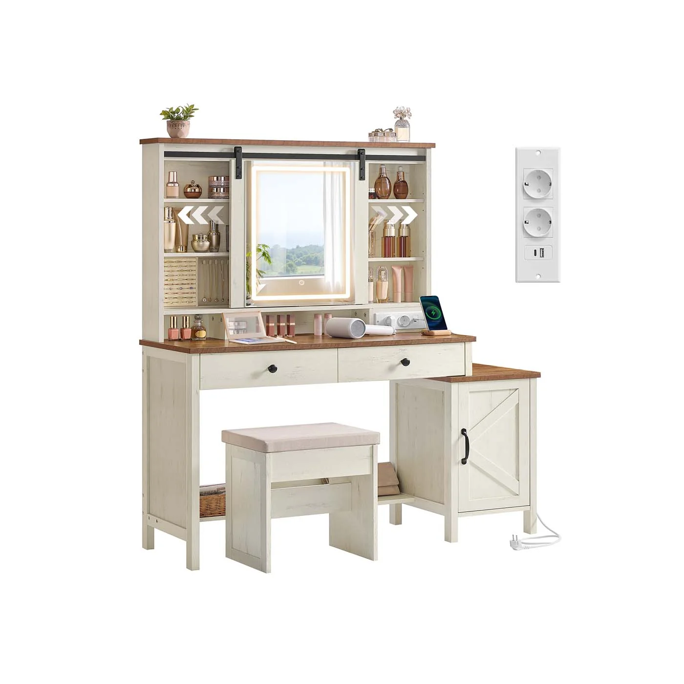 Coiffeuse avec miroir éclairé tabouret et rangements pratiques