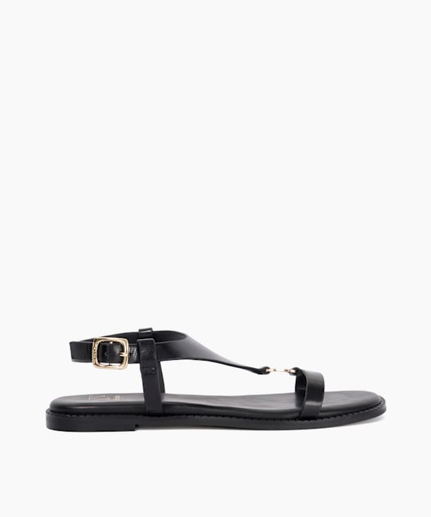 Laith Black - Flat Leather T-Bar Sandals