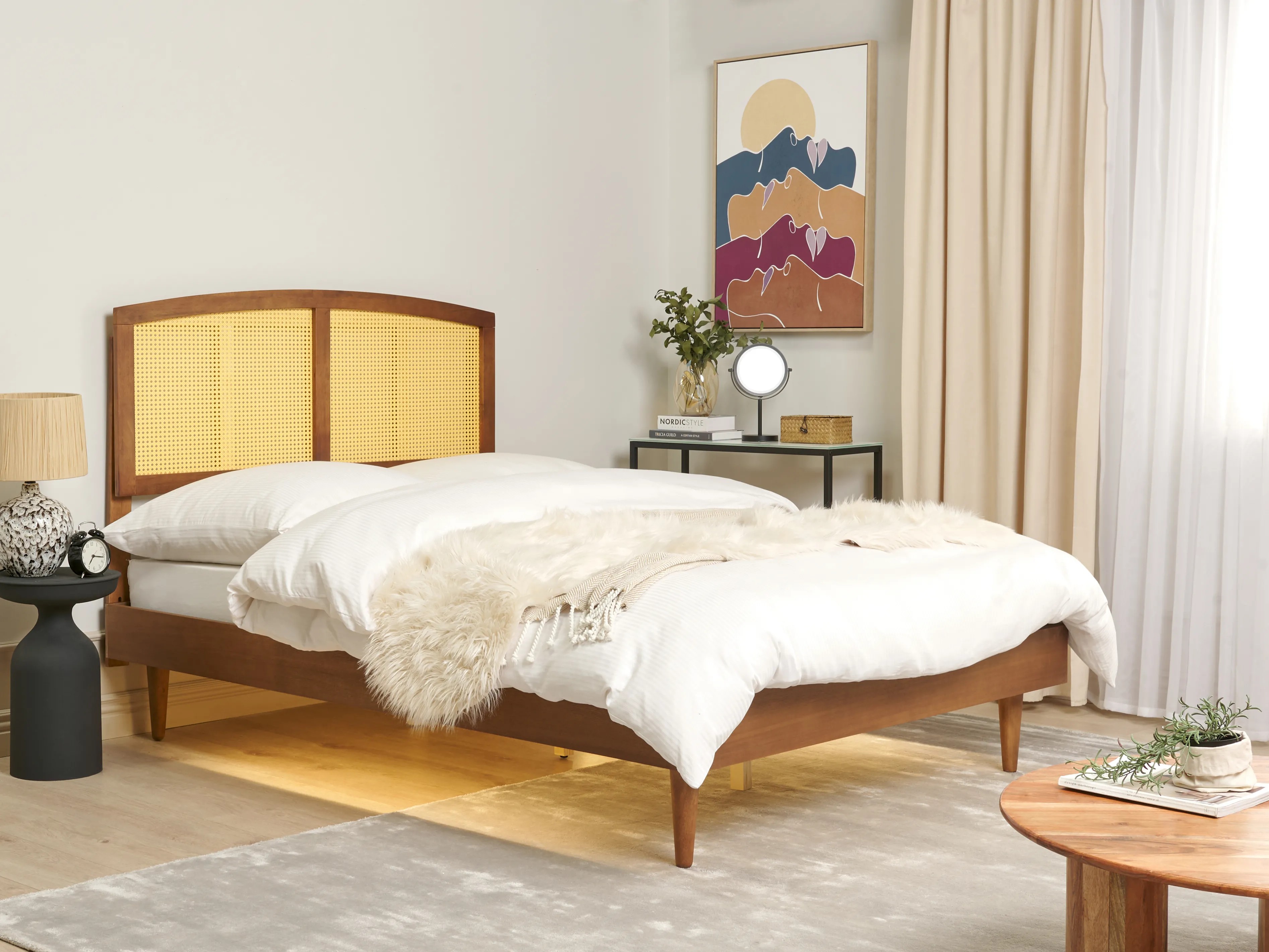 Bed with LED Rattan VARZY 140 x 200 cm (EU Double) Brown