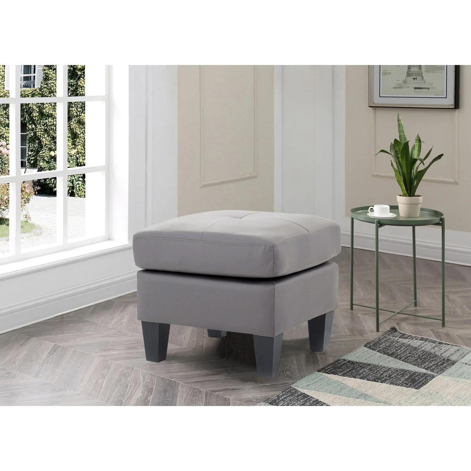 Tufted Faux Leather Upholstered Ottoman - 23 - Gray