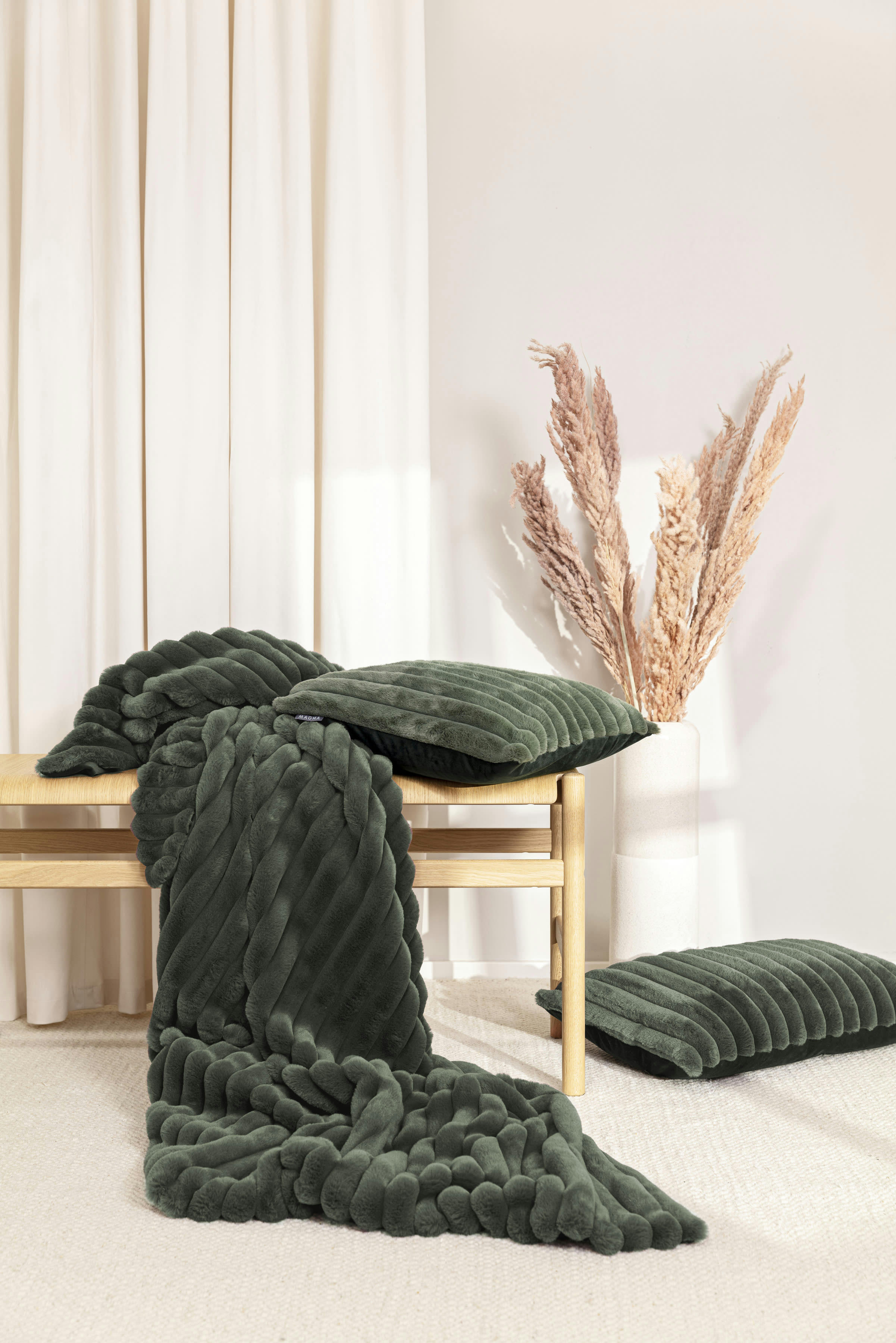 RAYA - Plaid velours cotelé moelleux imitation fourrure sauge- 140x200