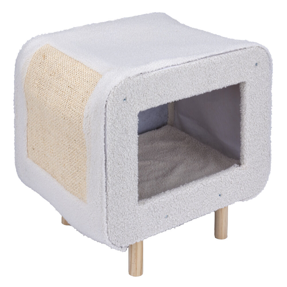 Niche pour chat ou chien en bois et tissu beige avec grattoir 48x48xH38cm