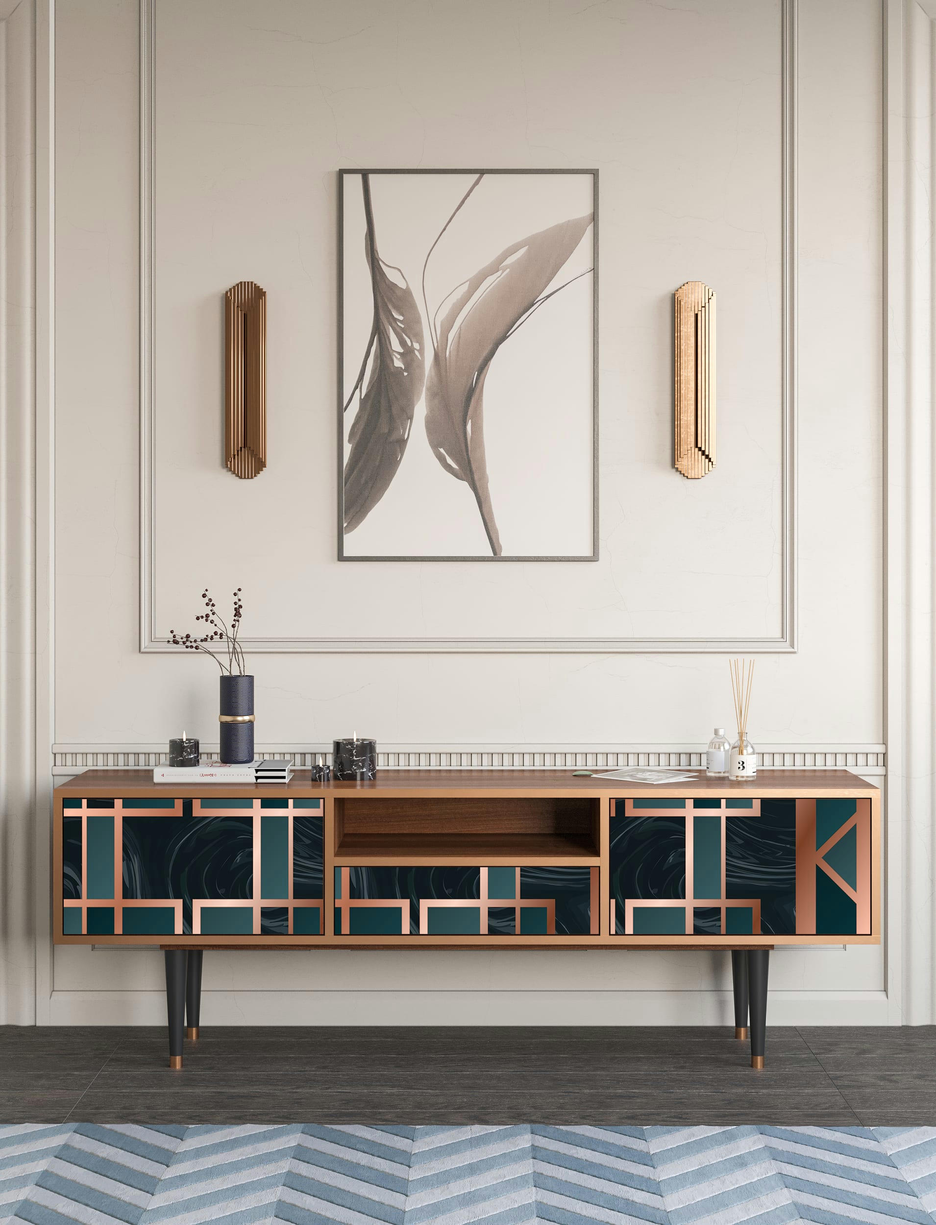 EMERALD METRO - Meuble TV  bleu-vert 1 tiroir et 2 portes L 170 cm