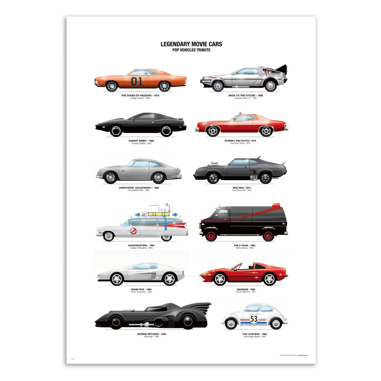 OLIVIER BOURDEREAU - LEGENDARY MOVIE CARS - Affiche d'art 30 x 40 cm