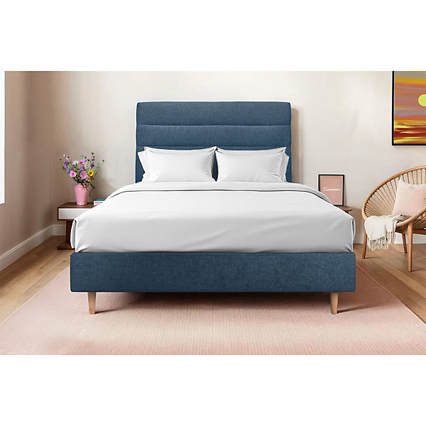 Lit avec tête de lit lignes tissu et sommier tapissier- Lit en bois massif