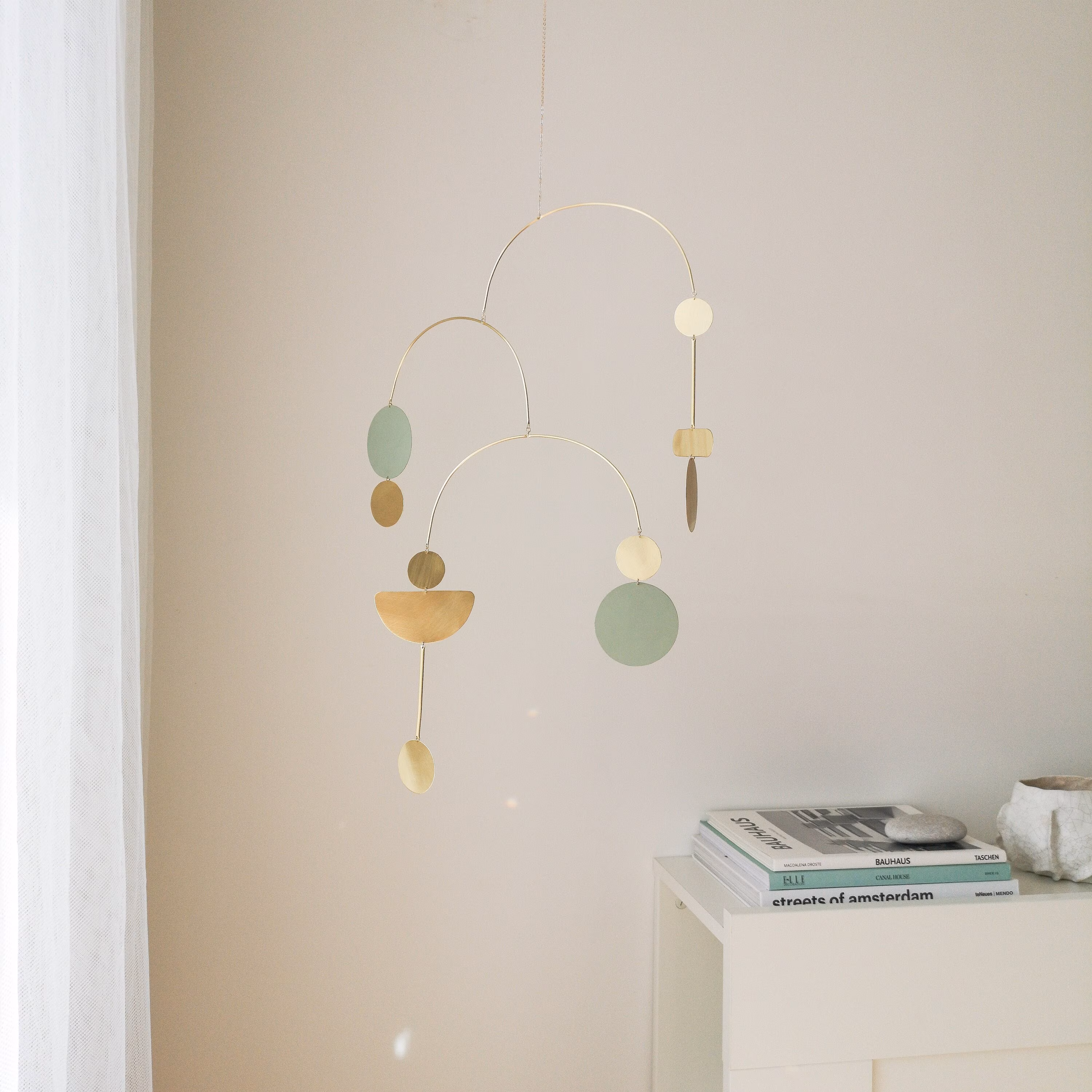 Brass kinetic mobile. Mid-century modern art. Hanging minimalist sculpture. Home office decor. Hanging suncatcher
