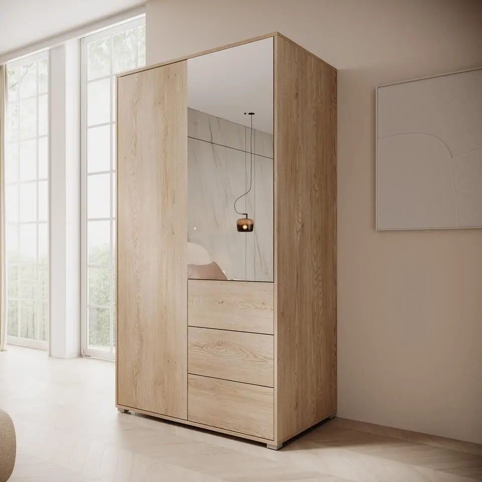 Meubella - Gideon - Kledingkast met spiegel - Eiken - 100x59x178 cm