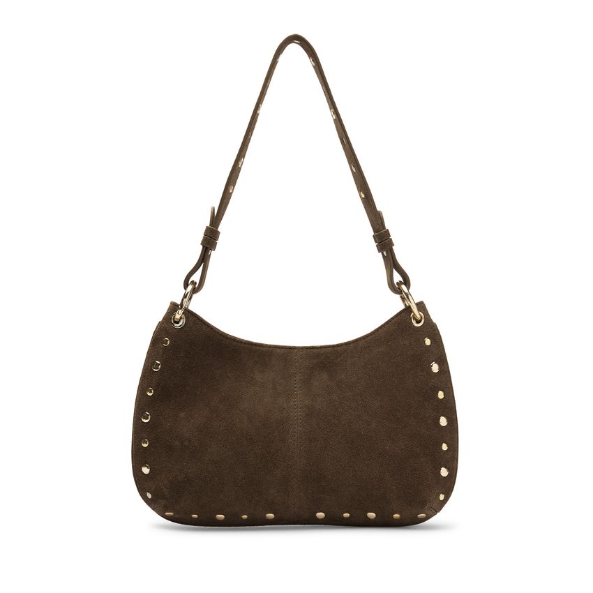 Manfield Donker bruin suède schoudertasje met gouden studs