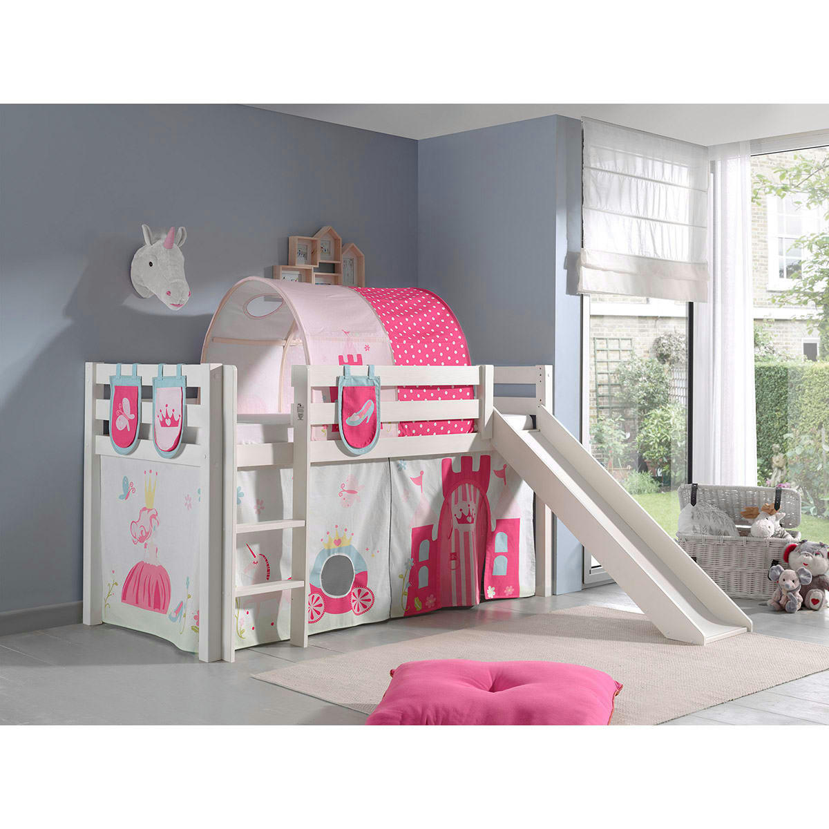 PINO - Lit mi-hauteur 90x200 toboggan sommier inclus housse princesse blanc