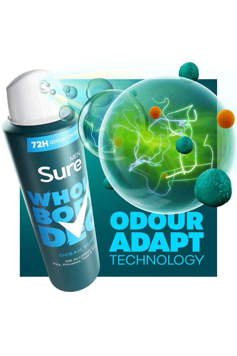 Sure Whole Body 'Deodorant Spray' Ocean Rush w/ 72H Odour Control 150ml,6pk