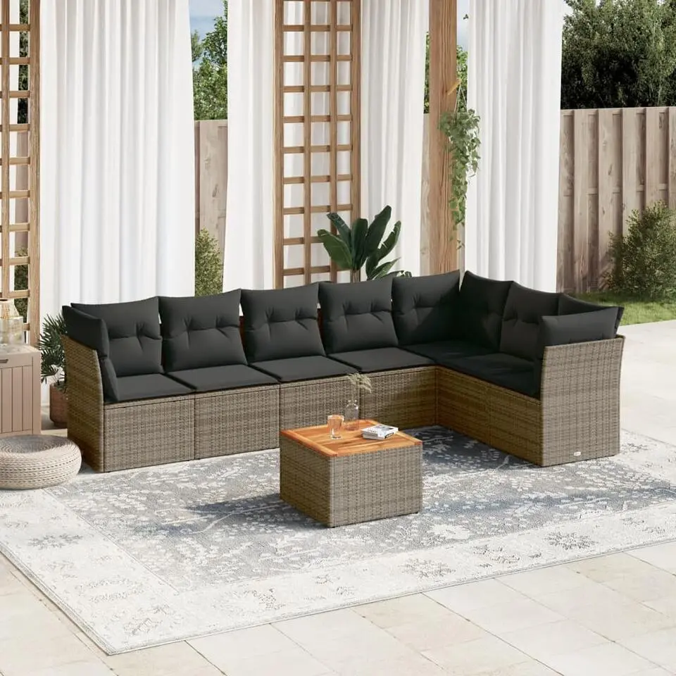 vidaXL 8-delige Loungeset met kussens & salontafel - Grijs - Poly rattan