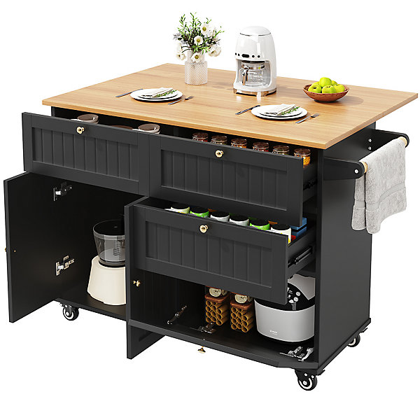 Îlot cuisine moderne bois veiné noir, multifonction rangement