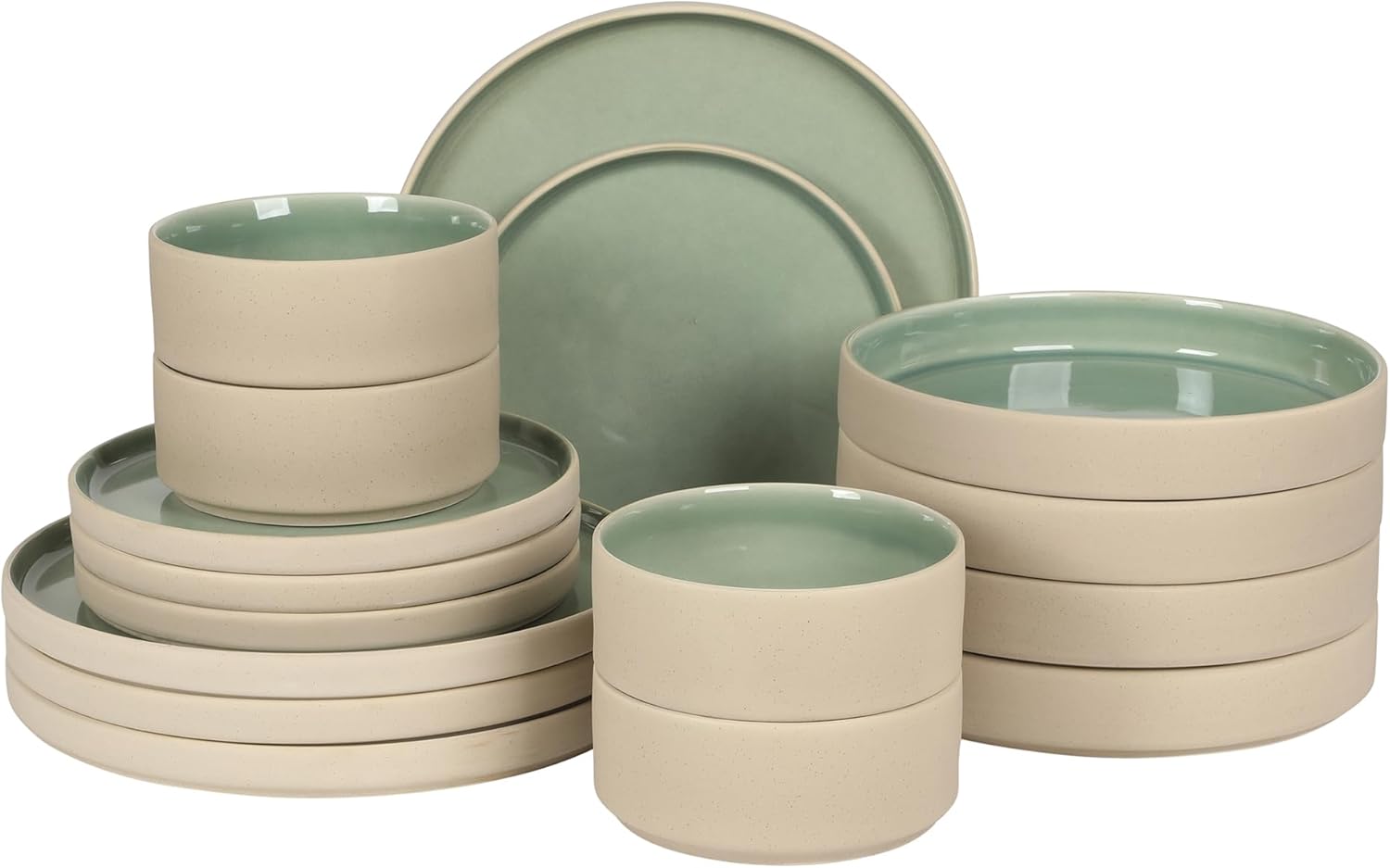 Gibson Elite Liberty Bay 16-Piece Pottery Clay Stoneware Dinnerware Set – Mint Green Reactive Glaze, Stackable Plates and Bowls W/Pasta Bowl, Service for 4 – Microwave & Dishwasher Safe