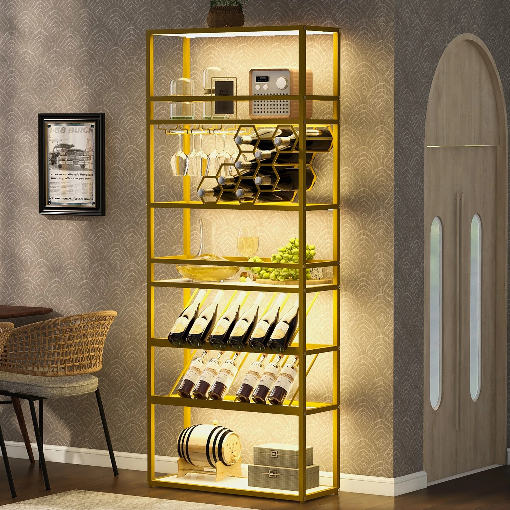 LED Tall Bar Storage Cabinet Wine Rack with Glass Rack