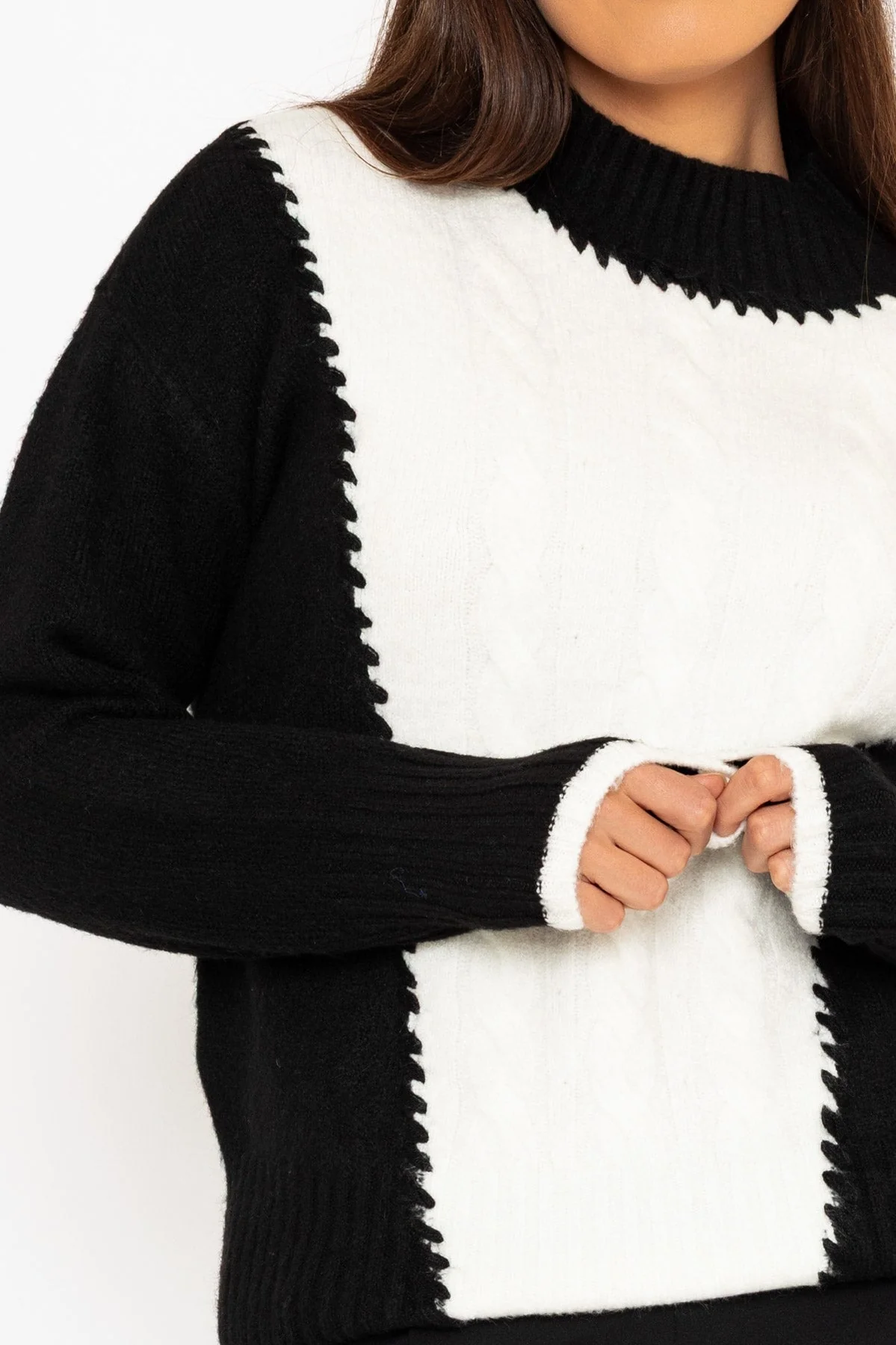 Black & Ecru Contrast Intarsia Cable Knit Jumper
