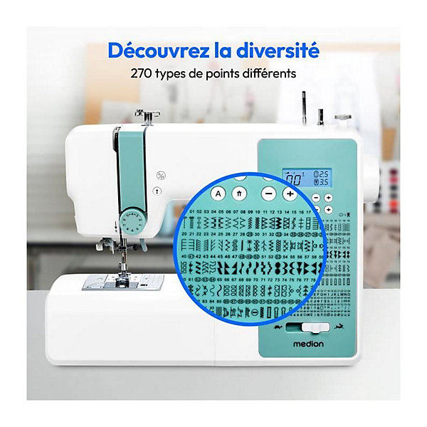 Machine a Coudre Numérique - MEDION - SD 36 - 38W - 270 Points - 700 tr/min - LED - Turquoise