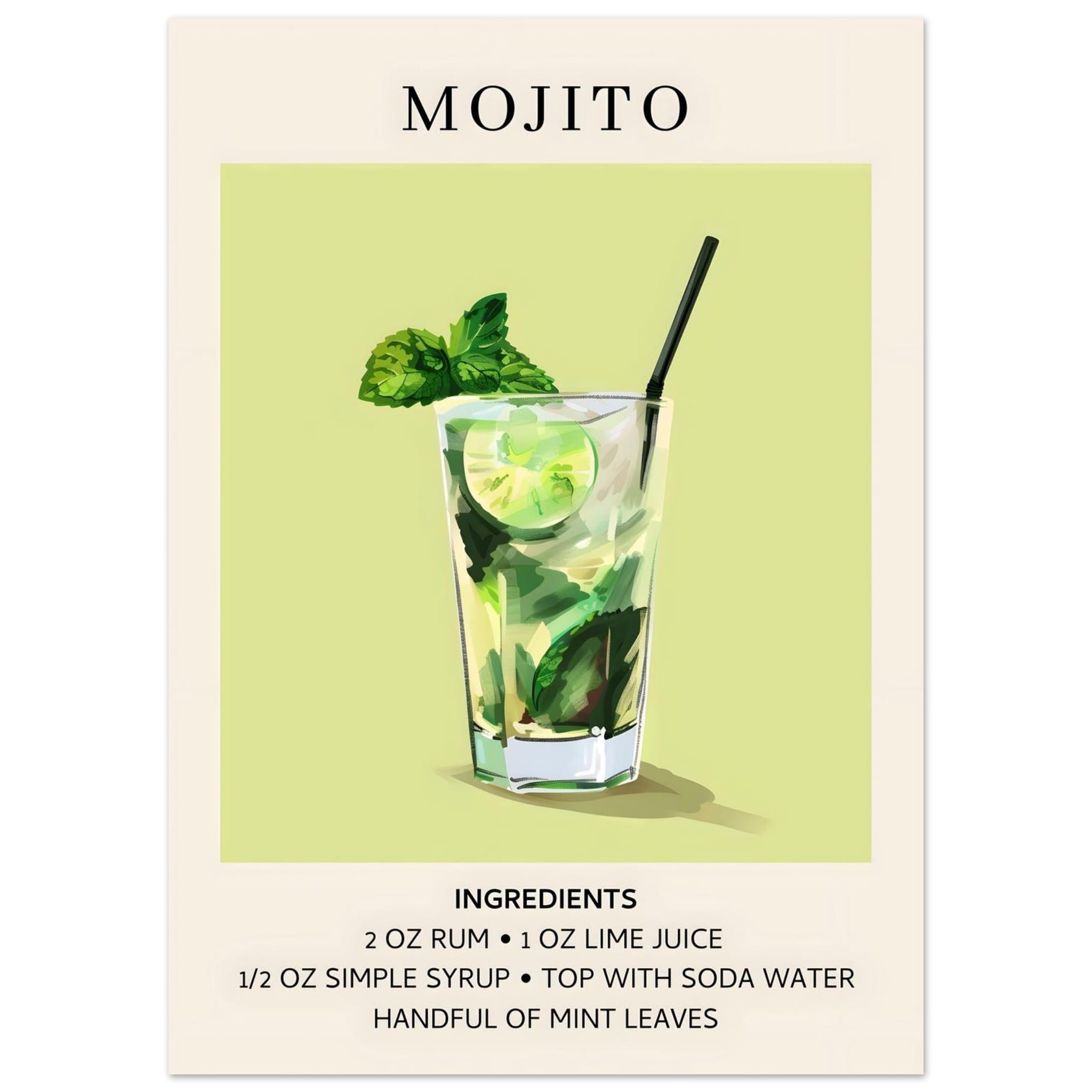 Artfulprints Poster Mojito cocktail - Ingrediënten  - 50x70 cm - Groen