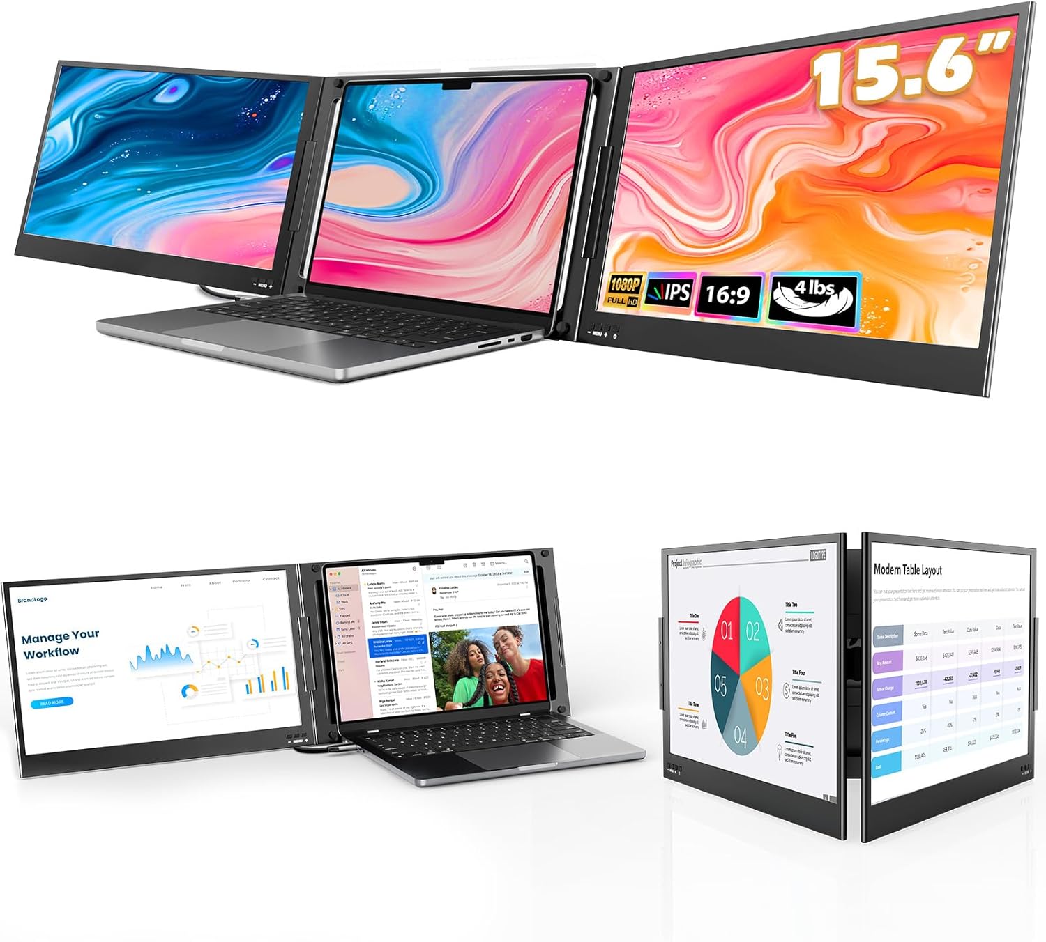 QQH Laptop Screen Extender  15.6 Triple Portable Monitor with Ultra-Slim FHD IPS Display  One Cable USB-C Monitor Extender Compatible with MacOS  Windows  Android for 12-16 Laptop (Driver Need)