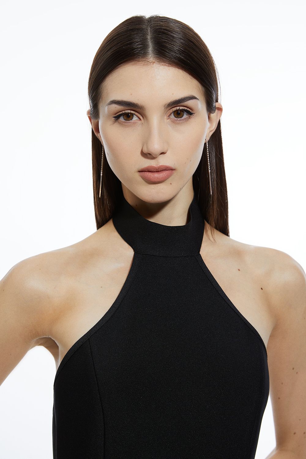 KarenMillen Petite Figure Form Bandage Ruffle Hem Halter Knit Midi Dress