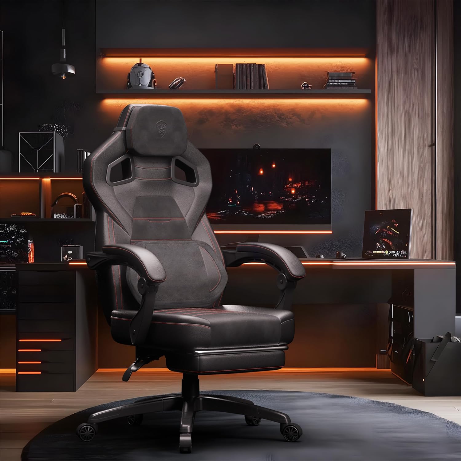 Dowinx PU Leather Gaming Chair with Footrest, Big and Tall Ergonomic Computer Chair with Lumbar Support, Wide Back Gamer Chair for Heavy People, Black