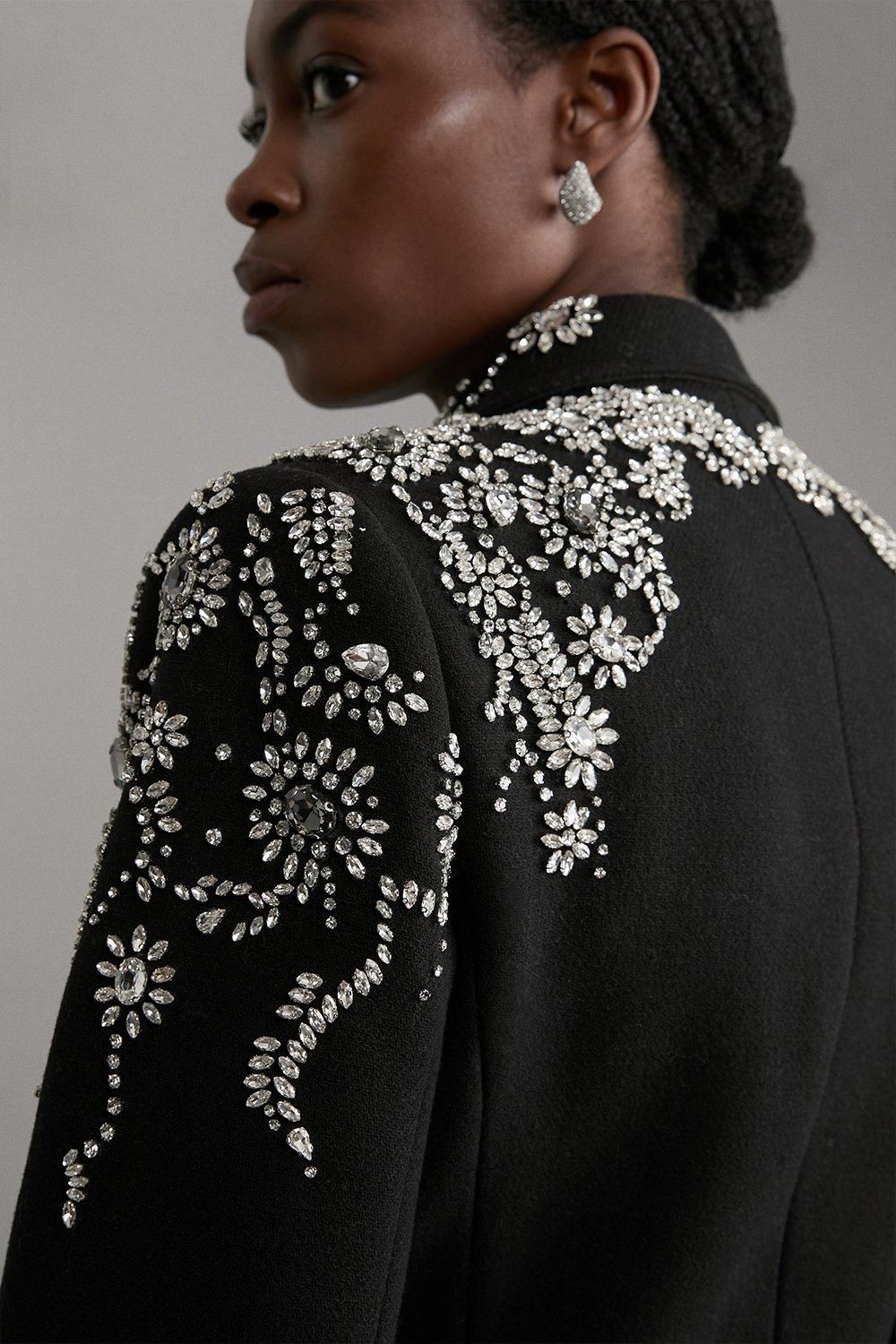 KarenMillen Tailored Wool Embellished Double Breasted Midi Coat