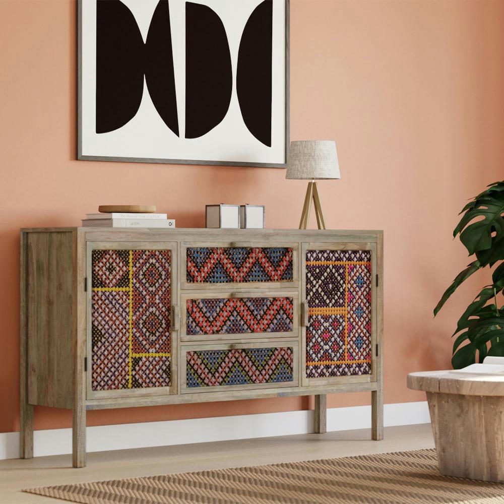 MASSAÏ - Buffet 3 tiroirs 2 portes en manguier et cannage coloré