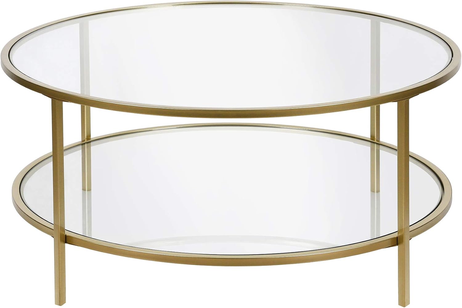 Henn&Hart 36 Wide Round Coffee Table with Glass Top in Brass, Round Coffee Table for living room, studio apartment essentials