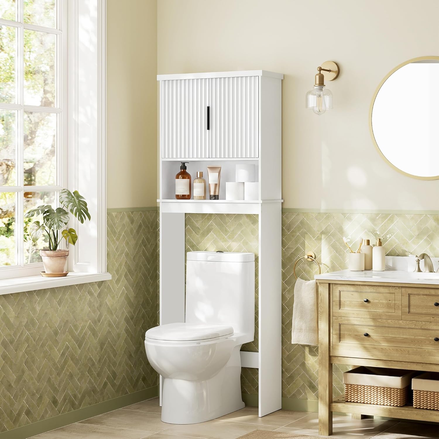 VASAGLE MAXE Collection - Over The Toilet Storage Cabinet, 23.6-Inch Wide Mid Century Modern Bathroom Organizer with Fluted Doors, Adjustable Shelf, Space-Saving, Cloud White UBTS028WB01S