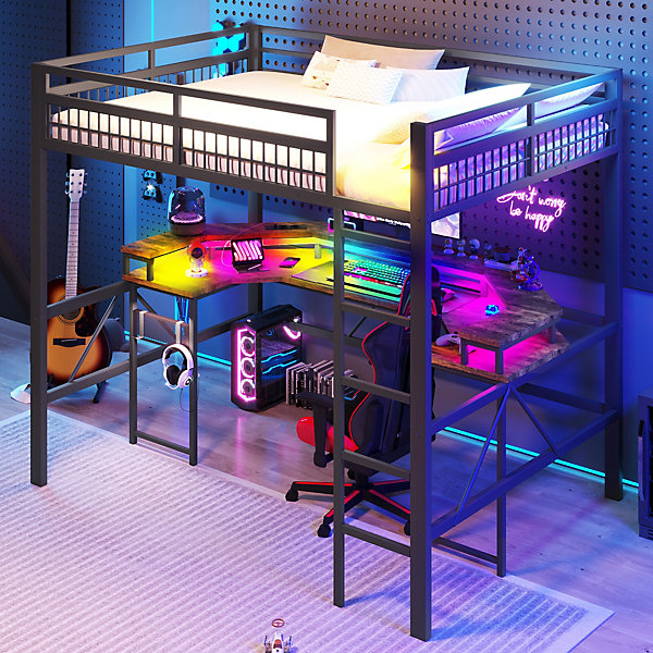 Lit mezzanine en fer 140 x 200 cm avec bande lumineuse LED, bureau, 1 port USB   1 port Type-C et 2 prises, sans matelas, noir