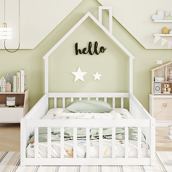 Lit 90x200 cm en pin et MDF avec forme cheminée et barrières de sécurité, design enfant blanc