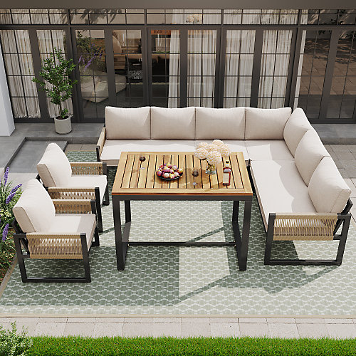 Ensemble de salle à manger de jardin 7-8 personnes - 1 canapé d'angle   2 fauteuils   1 table - Beige