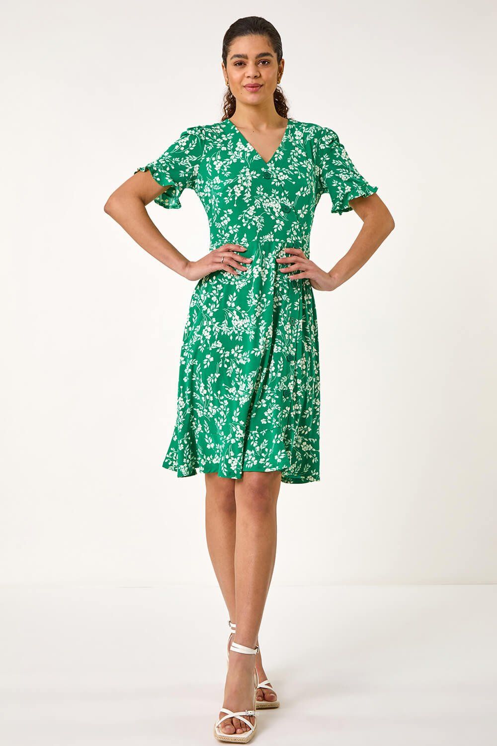Roman Ditsy Floral Side Button Stretch Dress