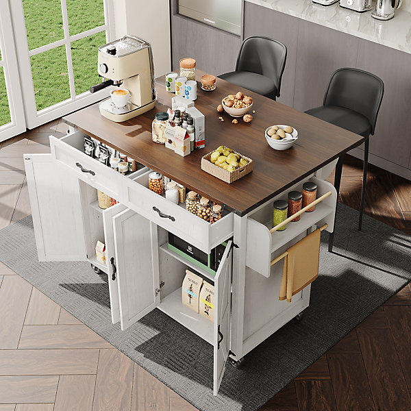 Îlot de cuisine moderne, 140x73x92cm, plan de travail rabattable, desserte avec portes et tiroirs, placards, blanc