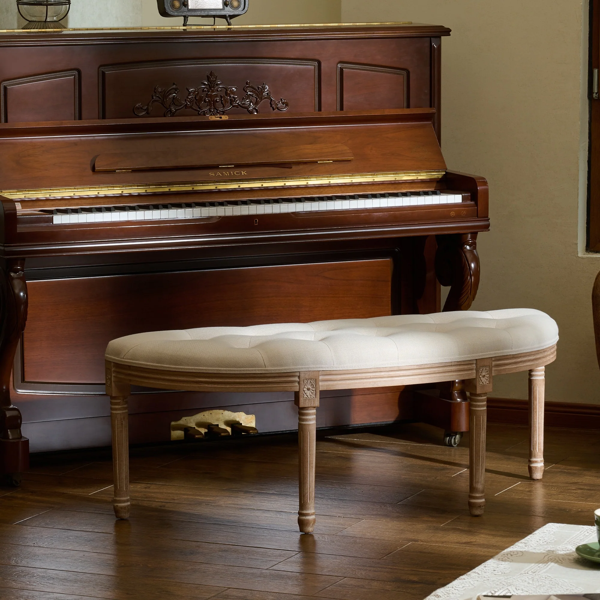 CO-Z Half Moon Carved & Upholstered Bench with Solid Wood Frame