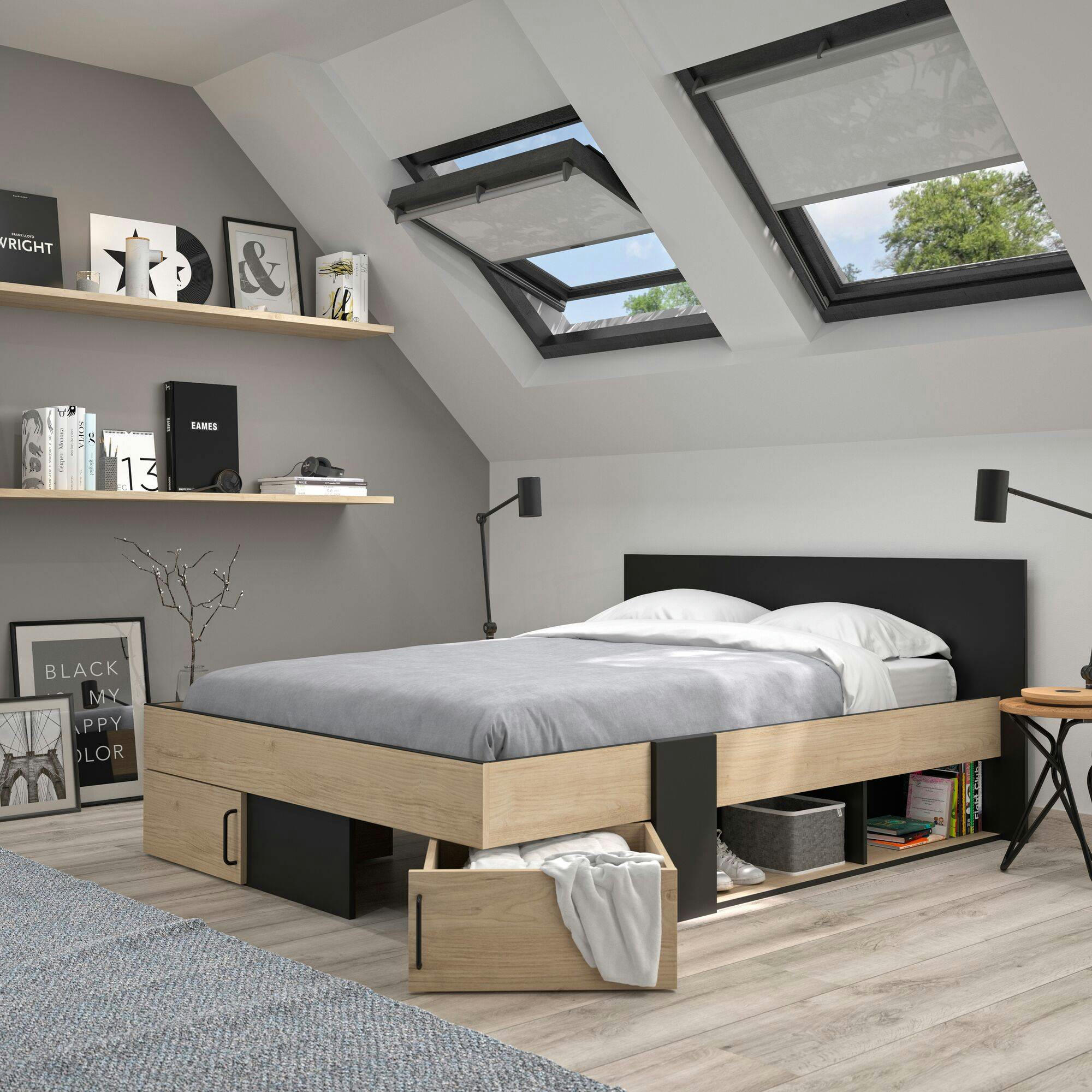 ELLIOT - Lit effet bois 140 x 190 cm