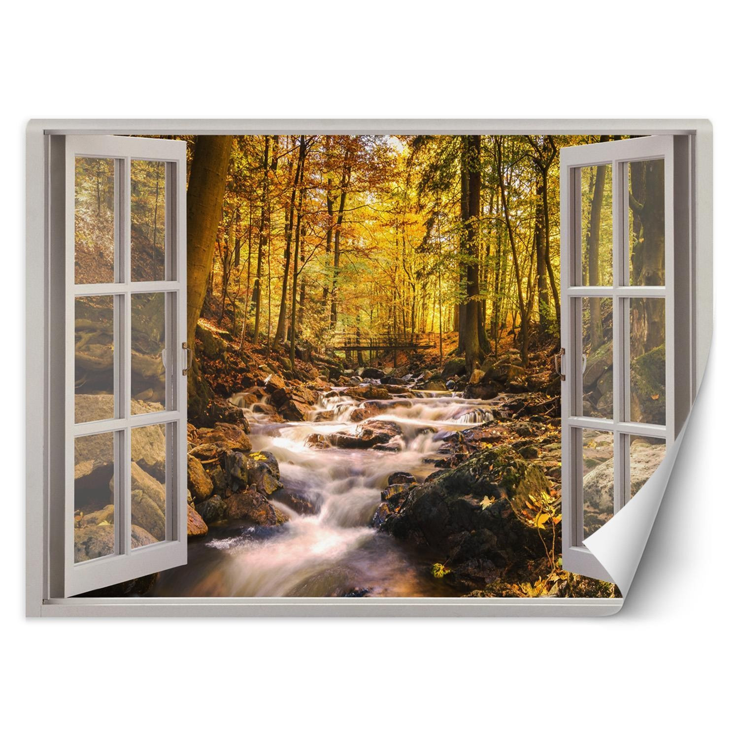 Feeby Fototapeta, Okno widok las górski potok 140x100