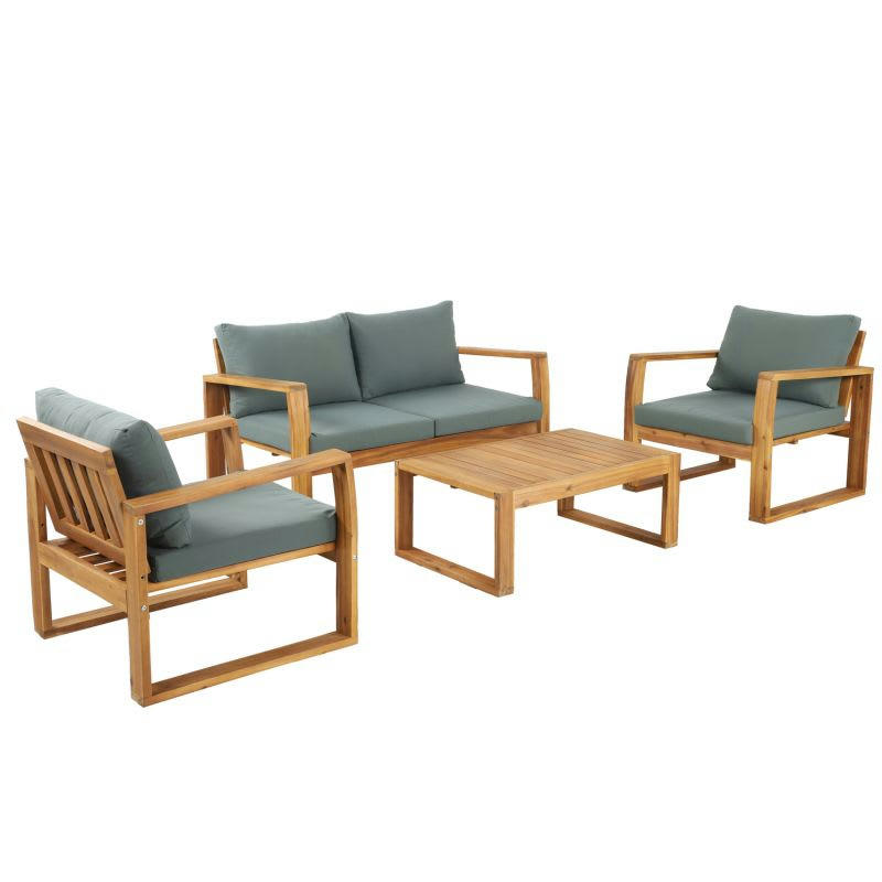 OLBIA - Salon de jardin en bois d'acacia coussins verts