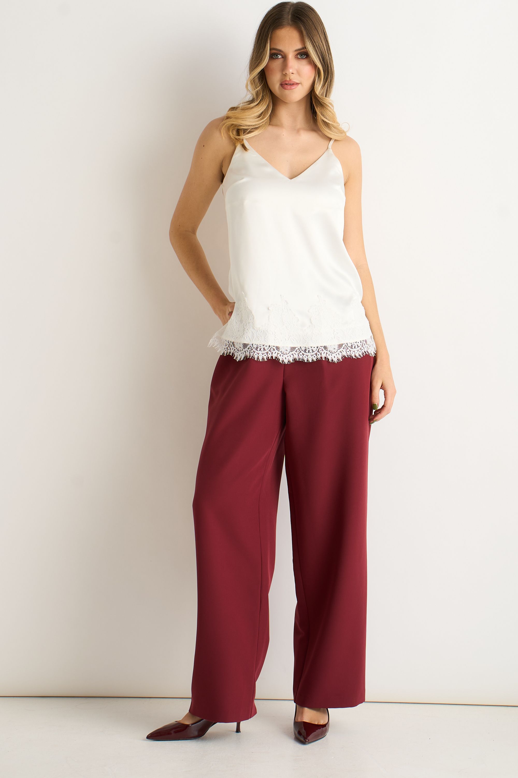 Gini London White Lace Trim Satin Cami Top