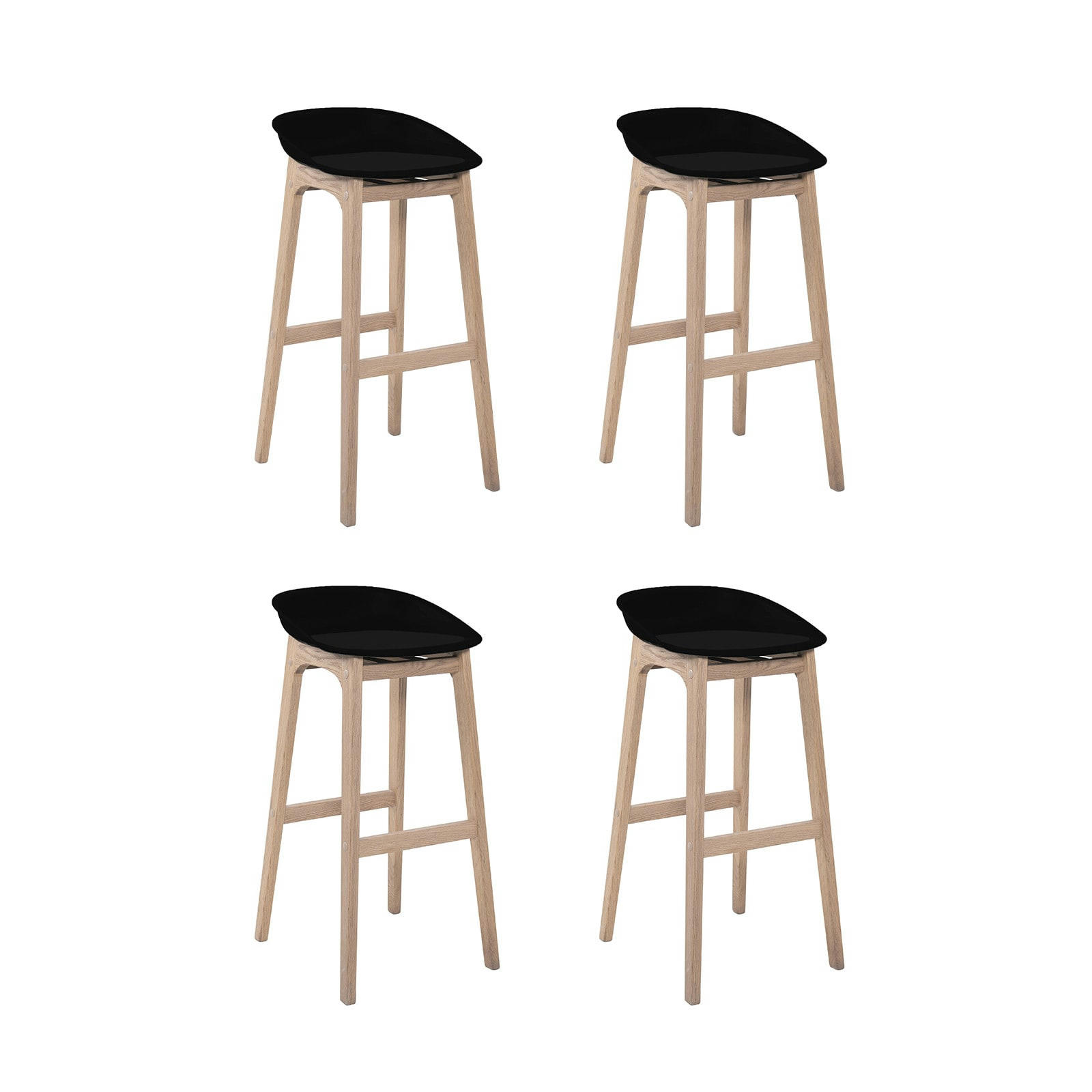RIVA - Tabourets d'ilot 75cm  pieds chêne assise plastique noire - Lot de 4