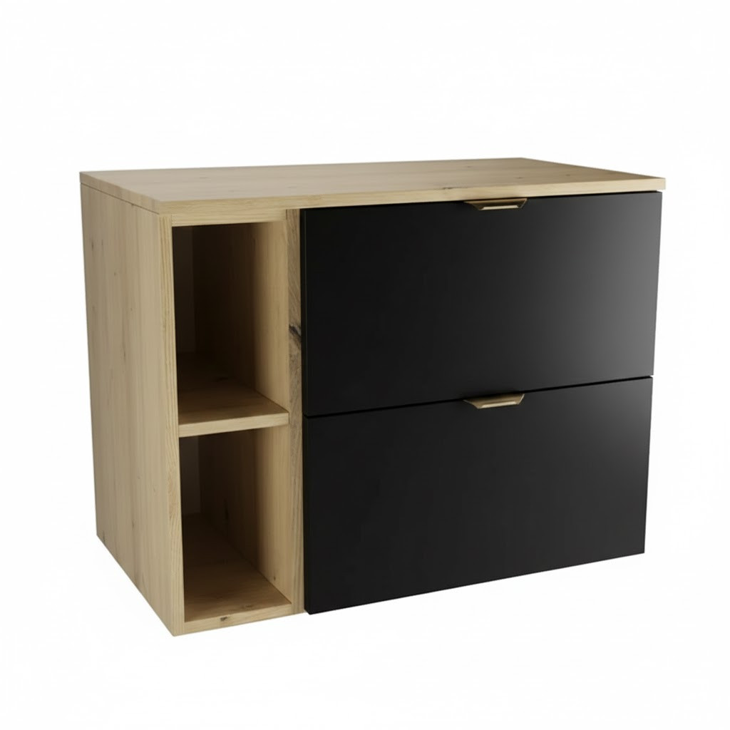 Zestaw do Łazienki 80cm Szafka z Blatem i Regałem Dąb Artisan / Czarny