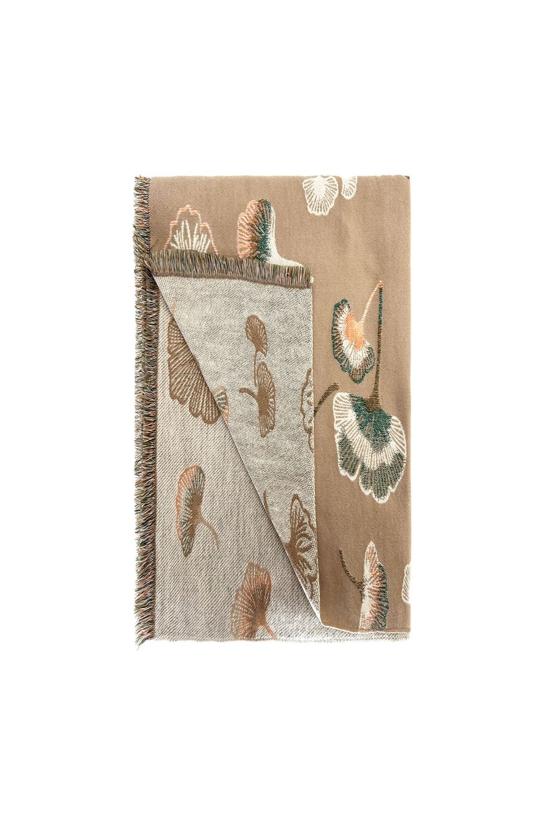 Vellin Ginkgo Leaf Pattern Reversible Scarf – Soft Touch, Fringed Design