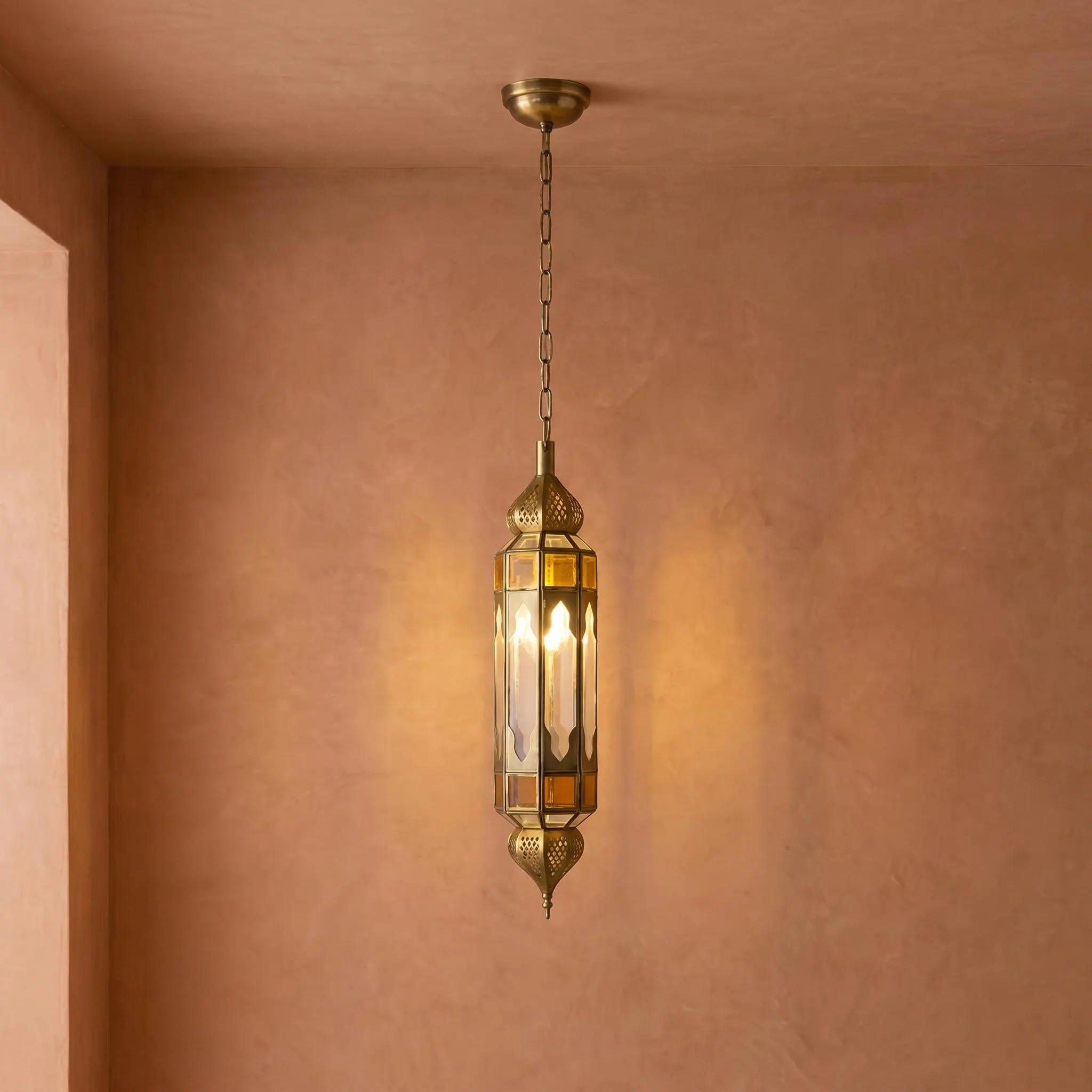 Moroccan Pendant Light Amber Glass Hanging Lantern Chain Fixture