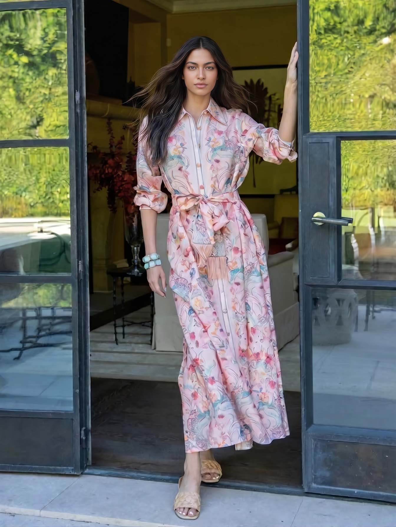 Exquisite Pastel Print Tie-Front Shirt Maxi Dress