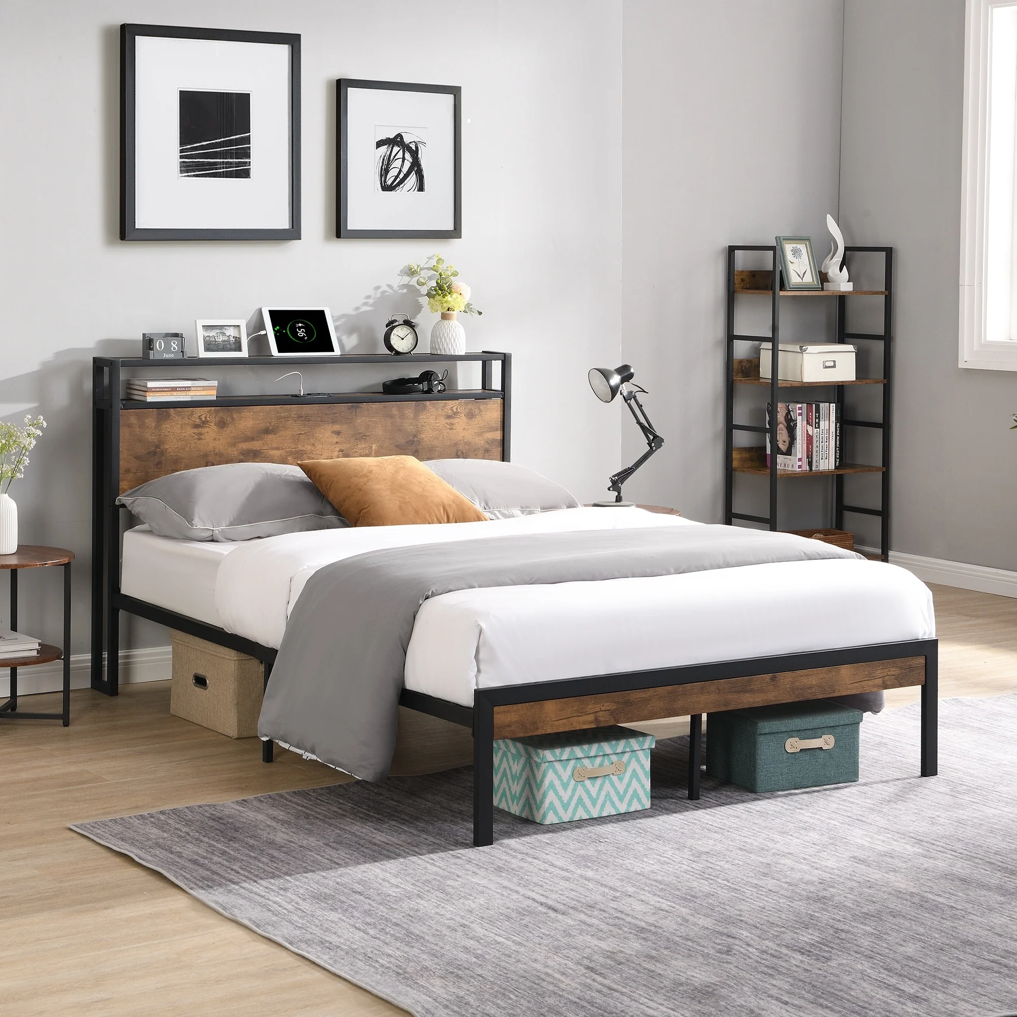 Metal Platform Bed Frame with Wooden Headboard and Footboard with USB LINER
