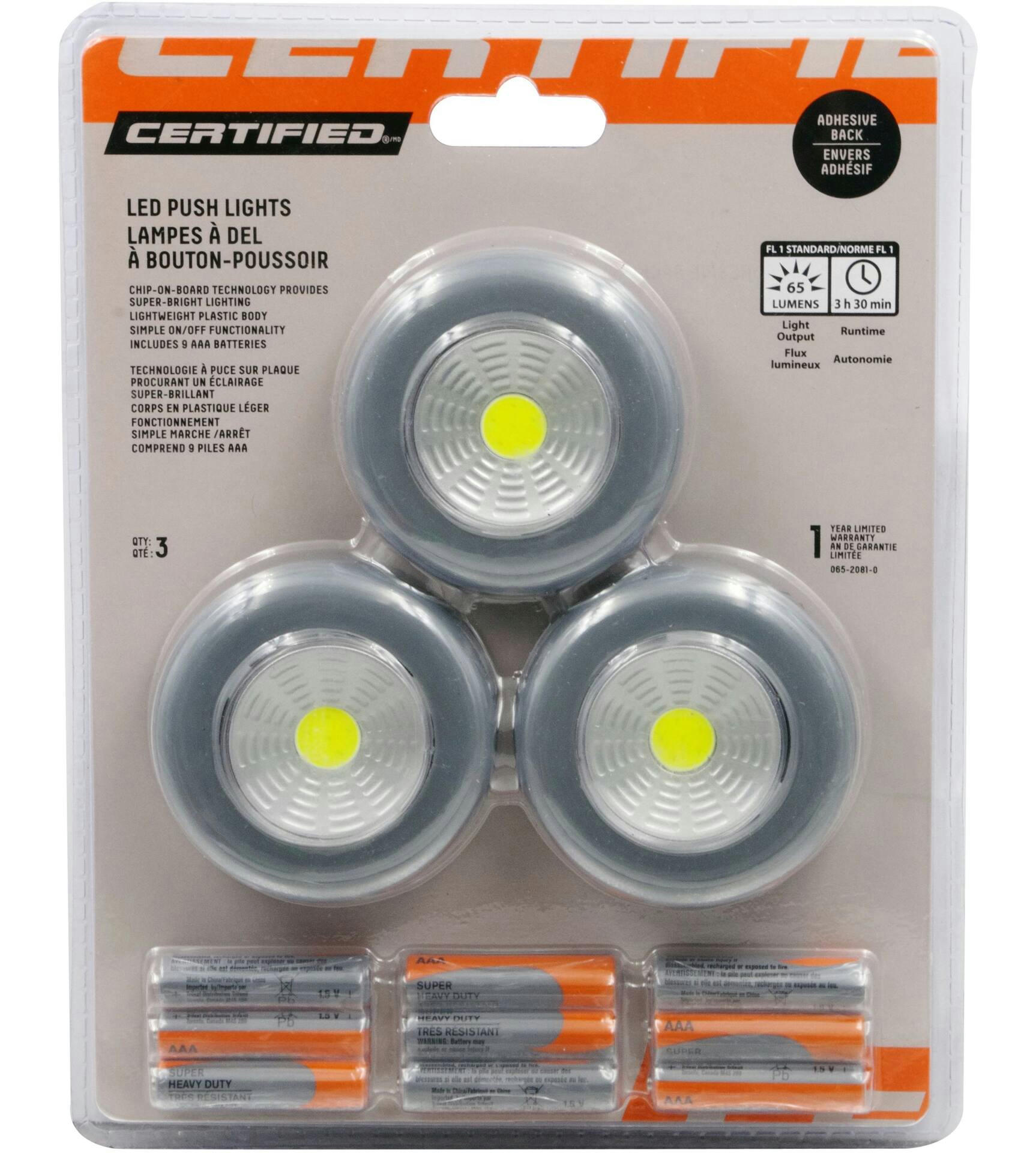 Certfied 65 Lumens Cordless LED Push On/Off Lights, Batteries Included, 3-pk