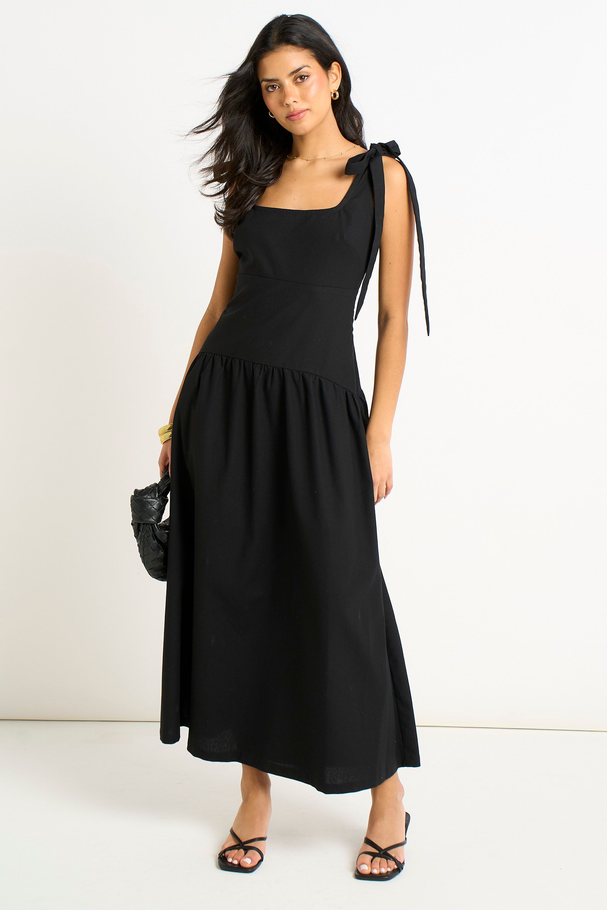 Gini London Black Linen Mix Drop Waist Midi Dress