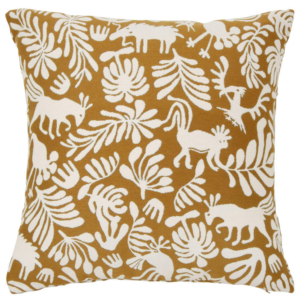 INDIO - Housse de coussin en polyester recyclé tissé jacquard camel motif végétal et animalier blanc 40x40