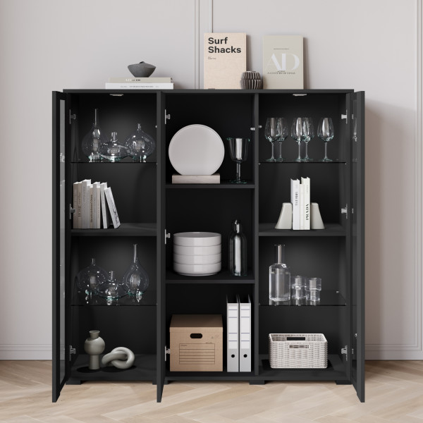 Czarna komoda 120 cm CAVIO z witryną do salonu