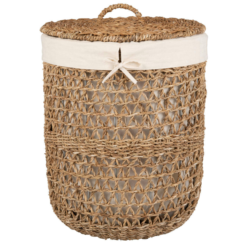 - Panier à linge avec couvercle en jonc de mer